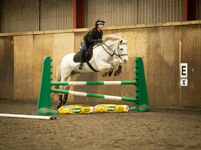 A young person jumps a showjumping fence during a jumping lesson