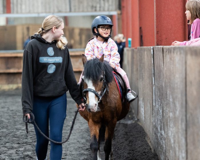 First sit-on session at a riding school open day. A small child on sitting on grey pony at Bourne Vale Stables, Aldridge near Birmingham