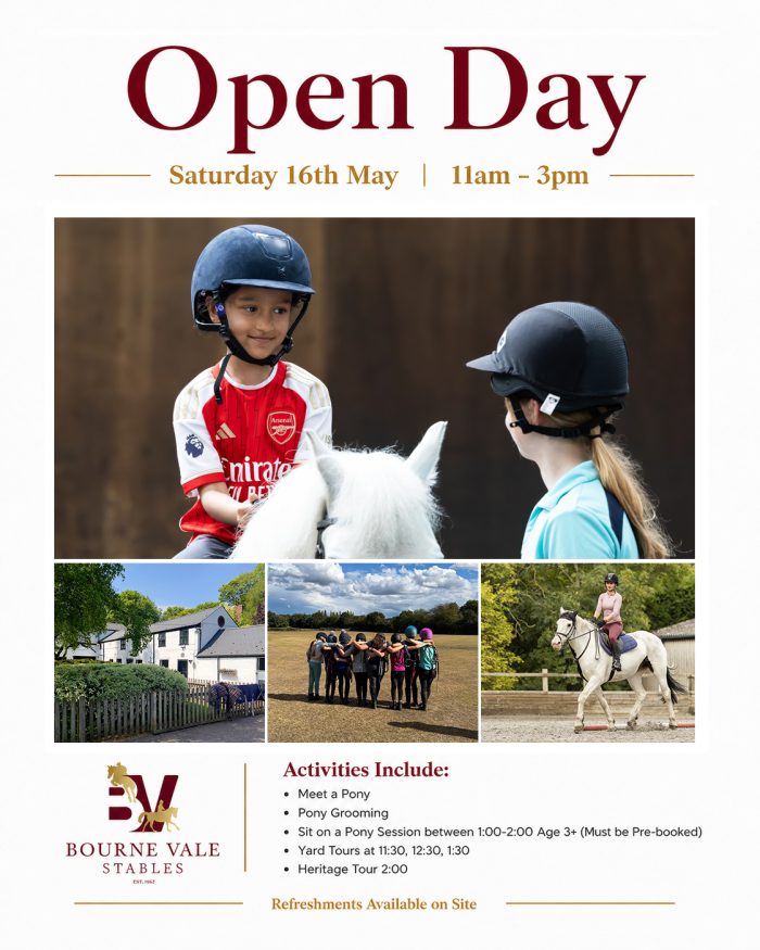 Open Day poster for Bourne Vale Stables, Saturday 16th May, 11am to 3pm. Features photographs of a young child smiling on a white pony with an instructor, the stable yard buildings, a group of young riders, and a rider in the arena.